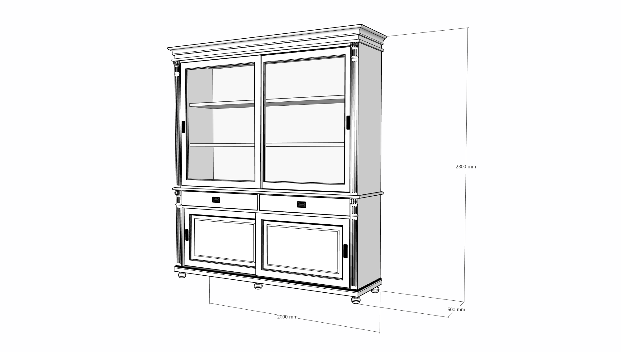 Buffetschrank Zanthus - 200x50x230H cm - runde Beine - Schiebetüren - Soft-Close-Schubladen